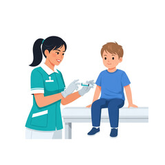 A nurse wearing gloves prepares an injection for a young boy sitting on an examination table in a medical setting.