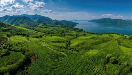 Obraz premium Panoramic view of lush tea plantations on rolling hillsides bordering a tranquil lake under a partly cloudy sky
