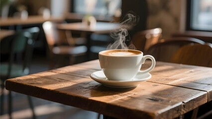 Steaming Cup of Coffee on a Wooden Table in a Cozy Cafe