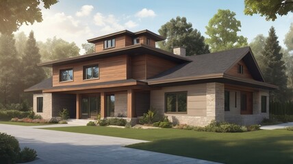 Exterior view of a modern two story house with a gray roof and wood siding surrounded by trees