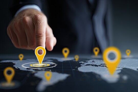 Businessman points to a location on a global map