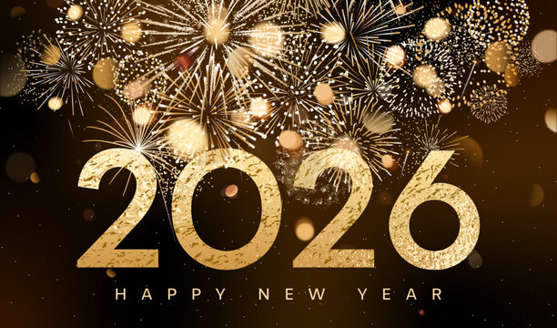Happy New Year 2026 greeting card, gold fireworks background