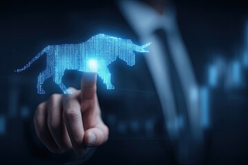 Businessman interacts with a digital bull market symbol
