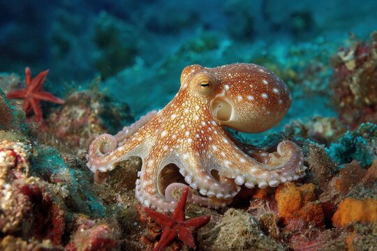 Octopus Smart. Exploring the Astonishing Underwater World with Starfish and Colorful Marine Life - Powered by Adobe