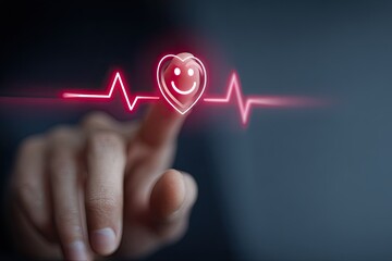 A hand touches a glowing heart icon