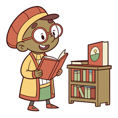 Cartoon Kid Reading Book in Library – Vector Illustration of Happy Child with Bookshelf