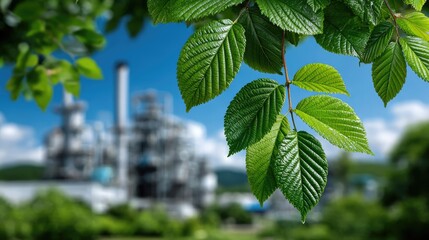Ecology Meets Industry: A vivid juxtaposition of nature's purity and industrial strength, with lush green leaves in the foreground contrasting against a sprawling factory in the distance.