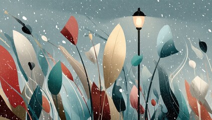 Winter scene with foliage and lamp post. Snow falls on colorful leaves