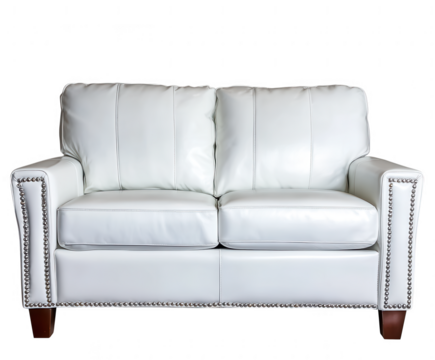 Elegant white leather loveseat with nailhead trim isolated on transparent background