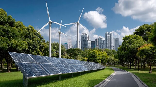 Sustainable Energy and City Harmony: A vibrant panorama showcases solar panels and wind turbines generating renewable energy, while a modern city skyline flourishes. - Powered by Adobe
