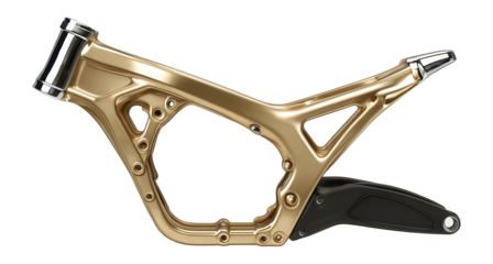 Magnesium alloy motorcycle frame with intricate casting details and gold-tinted surface