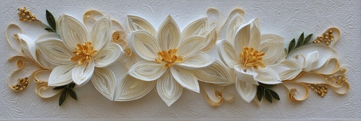 White paper flowers with gold accents