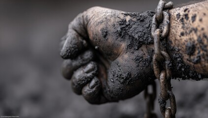 Fototapeta premium Close-up of a dirty hand chained