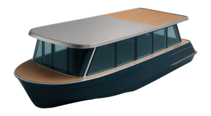 Houseboat with large windows and a flat roof deck