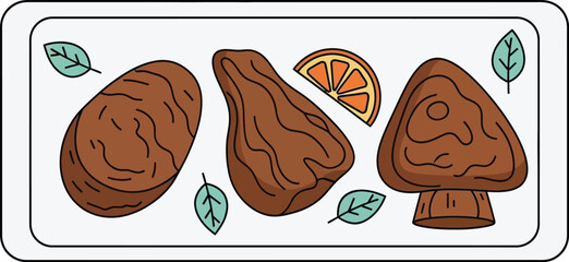 Gourmet mushroom platter with citrus and leaf garnish illustration