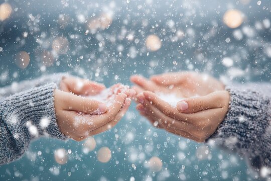 Two hands catching snowflakes in winter