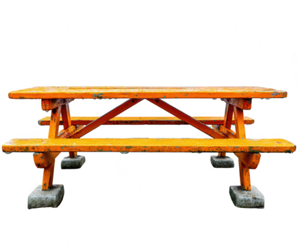 Weathered orange picnic table with water droplets isolated on transparent background