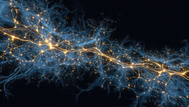 Abstract neural network, glowing blue and gold lines on dark background