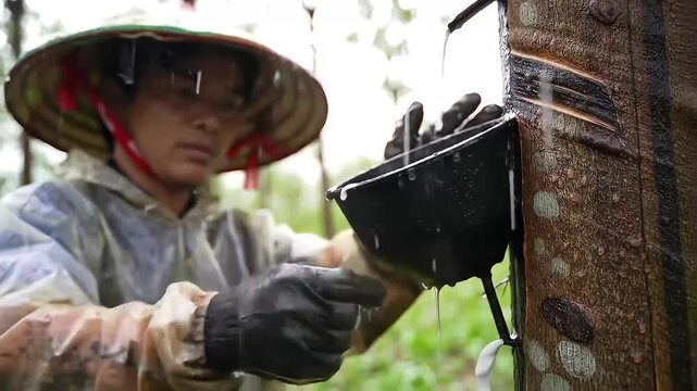 Rubber Tapper Harvesting Latex in Rainy Weather