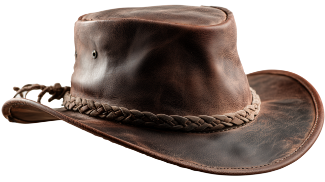 Digital illustration of a rustic cowboy hat with textured leather effect and beautiful braided crown feature on transparent background