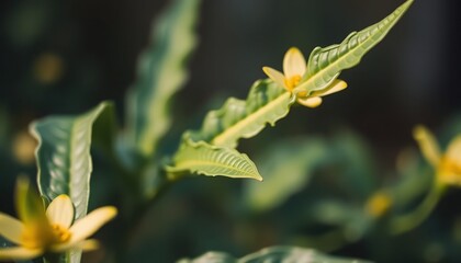 A close up shot of a plant with yellow flowers and green leaves in a natural outdoor setting focus