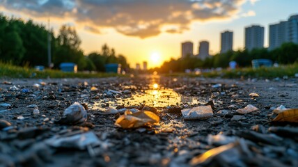 Plastic bottles and cups are polluting a park path at dusk, highlighting environmental damage and littering issues