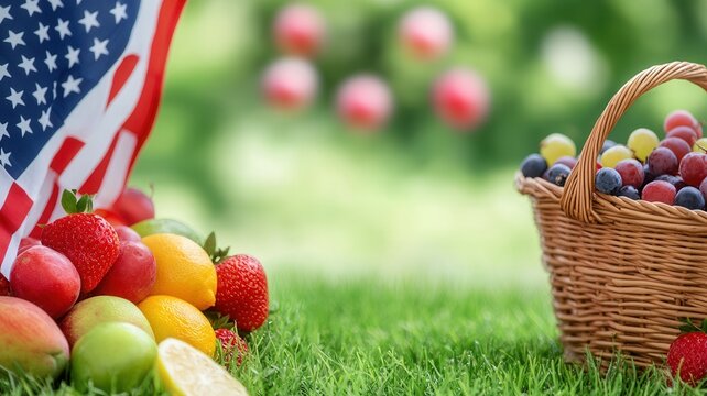 Wicker basket holding usa flag near ripe fruits on green lawn, symbolizing festive fourth of july outdoor picnic celebration
