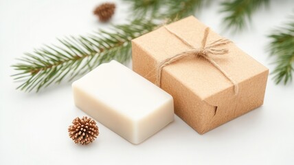 Handmade soap with and twine and pine twig accent, resting on white surface, highlighting artisanal skincare bar natural wellness