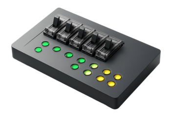 Overhead panel with rows of circuit breakers and status lights