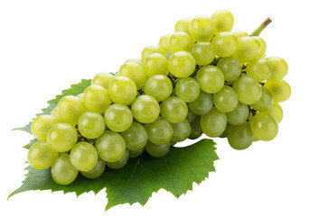 Obraz premium Bunch of green grapes with leaves on fruit fresh