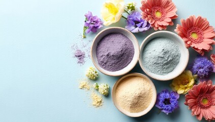 Colorful powdered ingredients in small bowls, surrounded by fresh flowers on a pastel blue background
