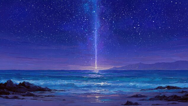 Starry night over a tranquil ocean beach