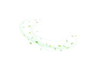 Green air flow effect with flying mint, tea leaves. Bright green swirl isolated on white background PNG, vector abstract illustration for advertising, drinks, food and cosmetics.