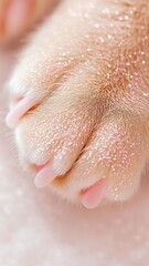 Fototapeta premium Fluffy white pink highlighting soft pads resting fur surface against glistening, luminous paw