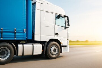 White cargo truck with blue trailer speeding on highway in sunlight with green landscape in background and motion blur effect for dynamic transport concept.
