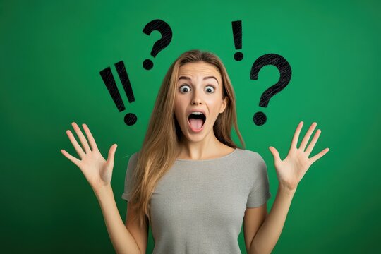 Woman with a surprised expression on her face is standing in front of a green. Woman with question marks and exclamation mark on green background.