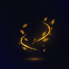 Golden light swirl with floating leaves on dark transparent background. Energy of nature and premium style for organic products, packaging and eco-design.