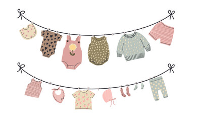 Baby clothes dry on rope. Beige newborn bodysuit, hat and pants. Baby and toddler clothing, natural ecological cotton. Little girl dress and boy pants, vector cartoon flat isolated illustration
