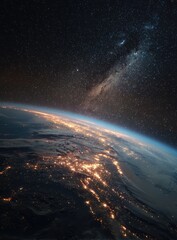 Fototapeta premium Earth at night, seen from space, with Milky Way