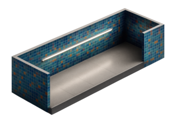 Pedestrian underpass with mosaic tiled walls and central lighting strip