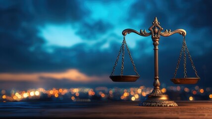 Legal scales gleaming golden, symbolizing balancing equilibrium, justice's ethical principles within judicial system's framework