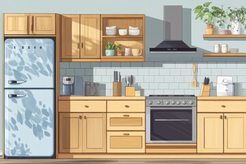Kitchen with a wooden counter and a silver refrigerator. Wooden home kitchen interior cabinet with fridge and oven kitchenware.