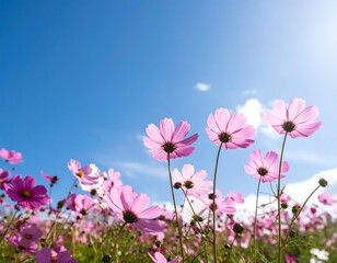 Obraz premium Pink cosmos flowers against a vibrant blue sky