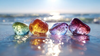 Colorful gemstones on a beach