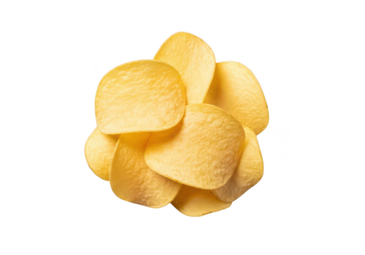 Close up top down shot of a pile of golden potato chips on snack food