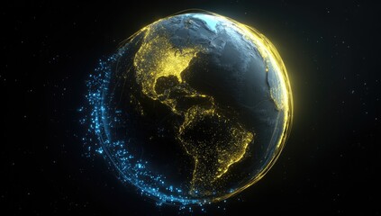 Glowing Earth, data points swirl around, in space