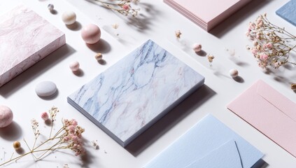 Pastel stationery and floral accents on white