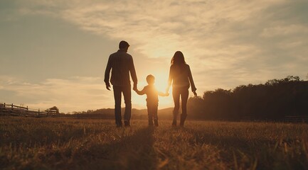 A family of four running in the grassland, back view, warm colors, golden hour light, painting style background