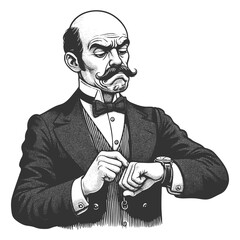 Victorian man in formal attire looking at a wristwatch with impatience and disapproval sketch engraving generative ai fictional character raster illustration. Scratch board. Black and white image.