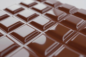 Fototapeta premium Close up of a chocolate bar with squares of chocolate. The squares are all different sizes and the chocolate appears to be shiny and smooth.